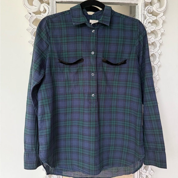 J. Crew Tops - J. Crew Blue & Green Plaid check Half Button Down Shirt w/ appliqué • M